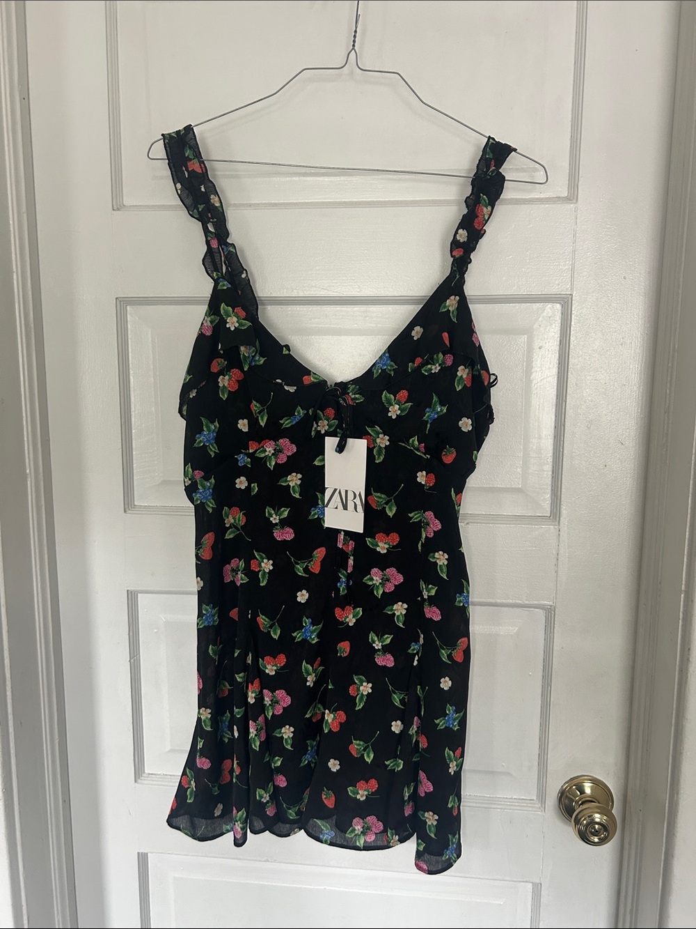 Zara Black Berry Floral Slip Chemise with Pink, Red, Blue & Green Motifs
